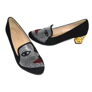 Black textile pumps high heel shoes with tiny rhinestone face bling size 47 NEW